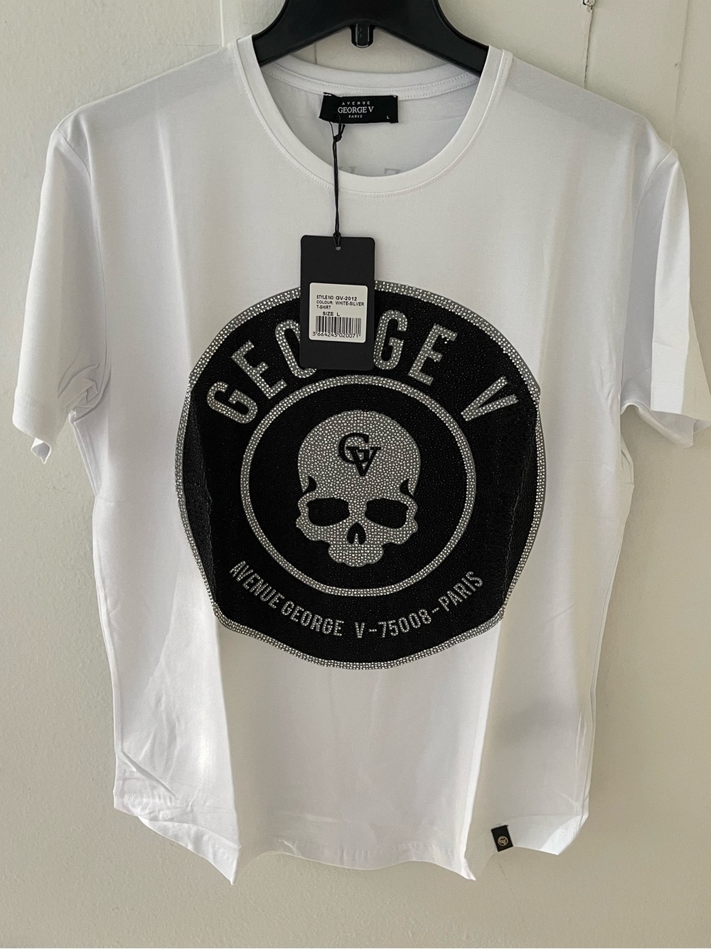 Avenue George V Paris T-Shirt Men's White Short Sleeve tee Skull Rhinestone L